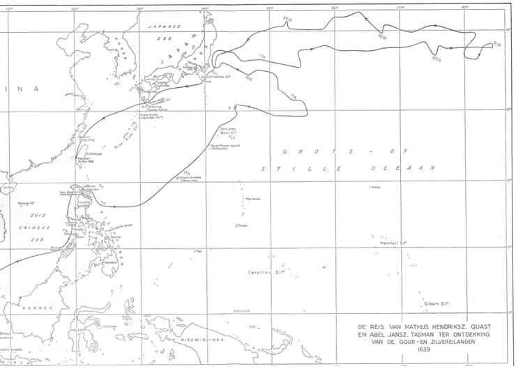 1639年 Quast-Tasman 艦隊在太平洋上尋找金銀島的航跡