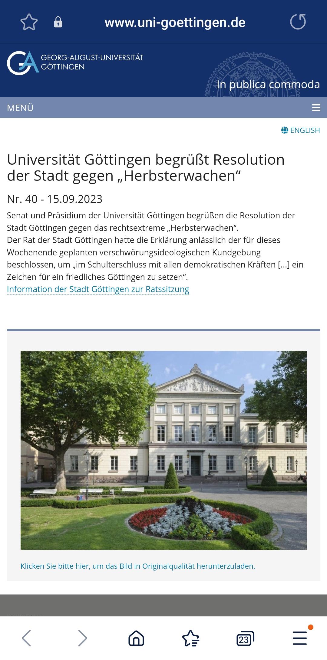 哥廷根大學新聞稿:Universität Göttingen begrüßt Resolution der Stadt gegen „Herbsterwachen“