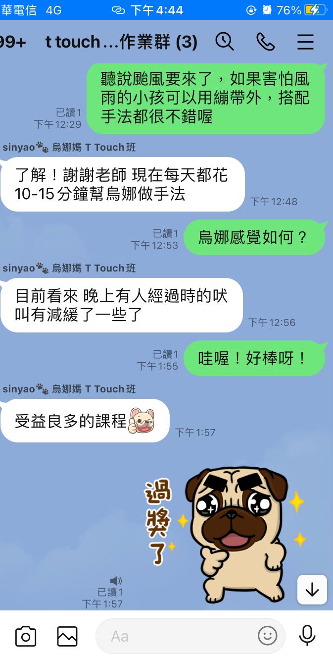 來自同學們的回饋,T touch手法跟繃帶對於緊張的緩解很有用的,不管是對雷聲、鞭炮、還是門外人走動,都很有幫助