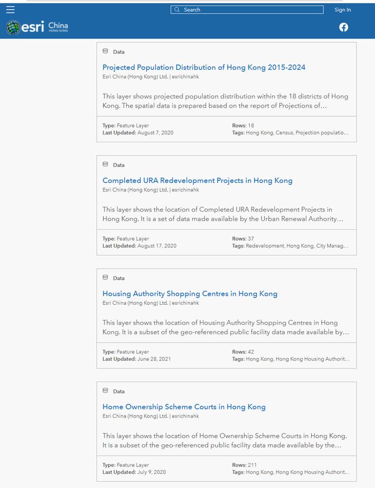 圖3 “香港開放地理空間數據”網站截圖,此ERSI網站提供14類GIS數據,搜索“住房”的類別,其中包括許多不同的數據集。香港居屋只是其中之一。t https://opendata.esrichina.hk/search?tags=housing