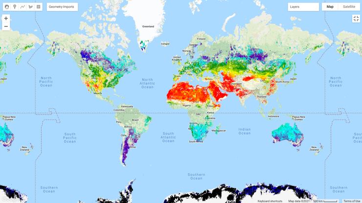 圖1 2019年10月份全球C4水平分佈地圖,來源:Google Earth Engine