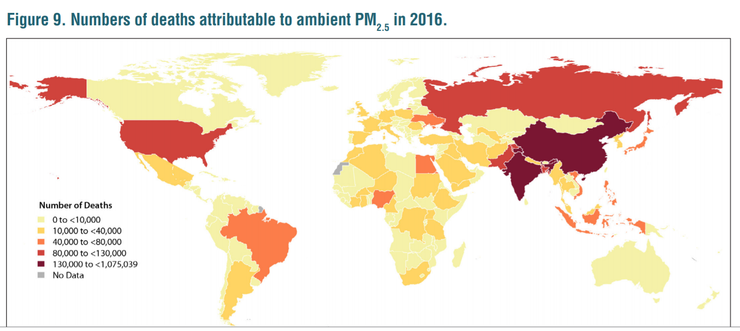 圖2 全球PM2.5導致死亡人數。來源：HEI (2016) [4]