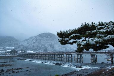 嵐山 大晦日雪中的渡月橋 方格子