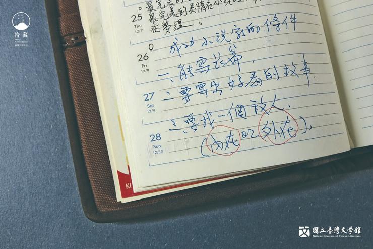 在1月底的行事曆上寫著：「成功小說家的條件 一、能寫長篇  二、要寫出好看的故事 三、要找一個敵人（內在or外在）。」此時，他已經完成了他的第一部長篇小說。（藏品／霍斯陸曼・伐伐提供，圖／國立臺灣文學館）